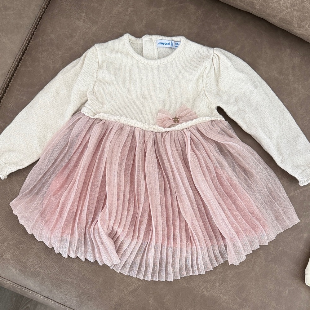 Mayoral Cream Knit Top with Pink Pleated Tulle Skirt - Girls